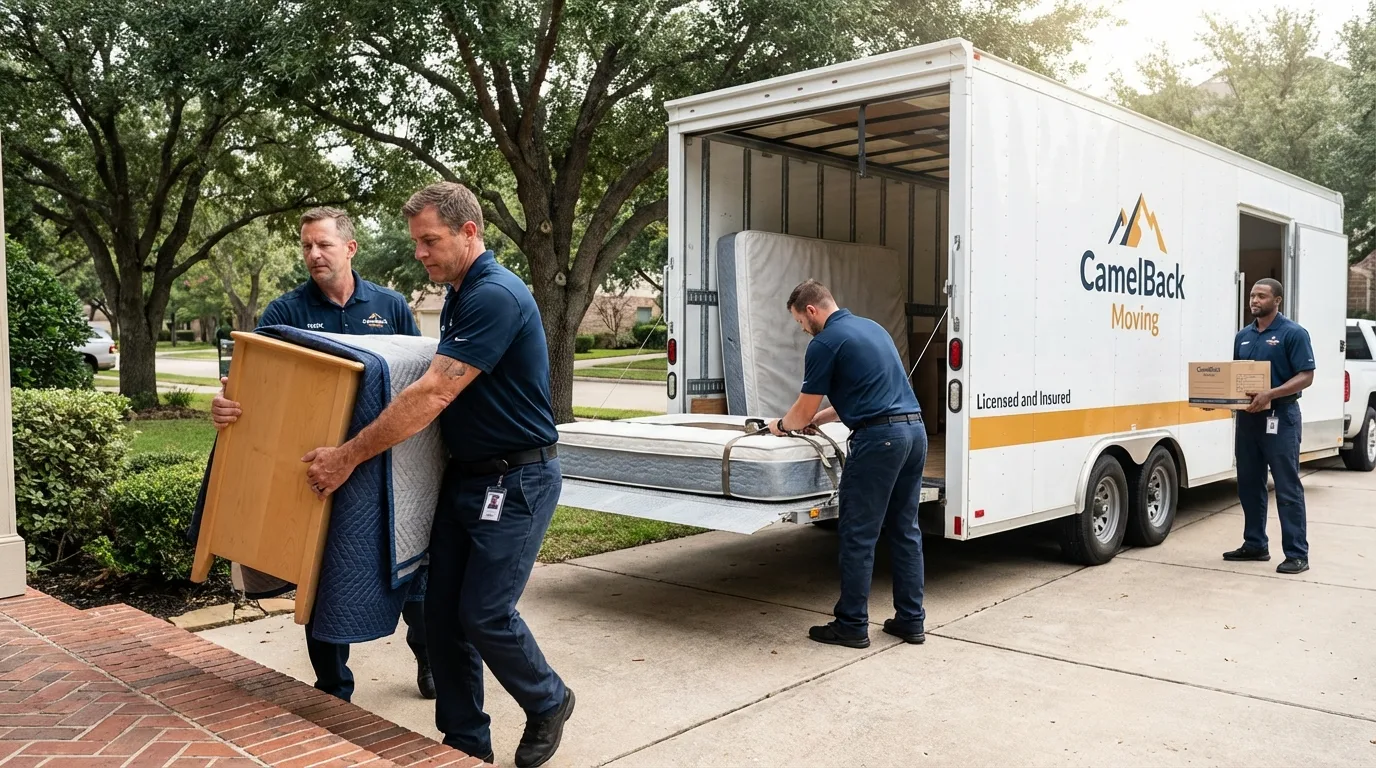 Crew loading residential truck for cross-state move from Corpus Christi, TX