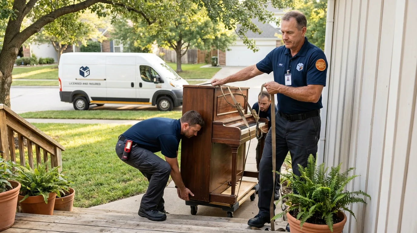 Licensed piano movers securing grand piano in Corpus Christi, TX