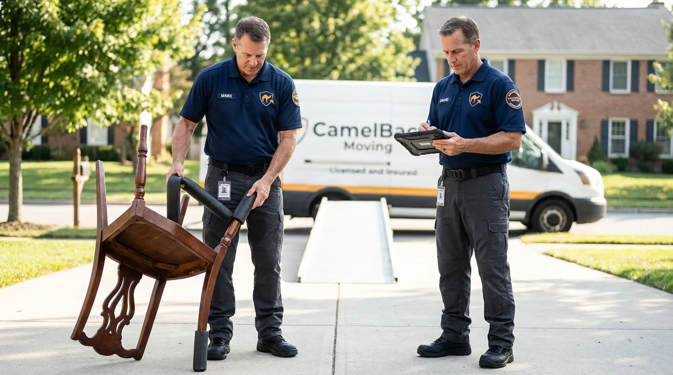 Movers inspecting furniture for damage prevention before loading in Corpus Christi, TX