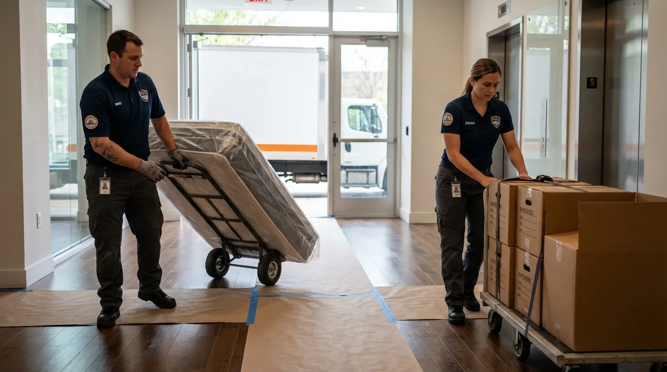 Professional apartment movers loading elevator in Corpus Christi, TX